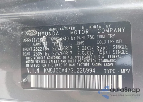 2016 Hyundai Tucson Se from USA, damaged, VIN KM8J3CA47GU228994